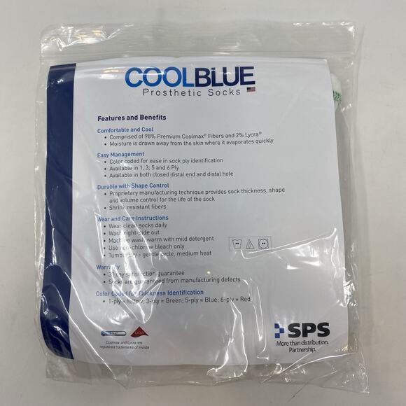 Cool Blue Prosthetic Socks 3 Ply, Size 1, 2 Length 16-20 White Green Trim NEW - Picture 1 of 3